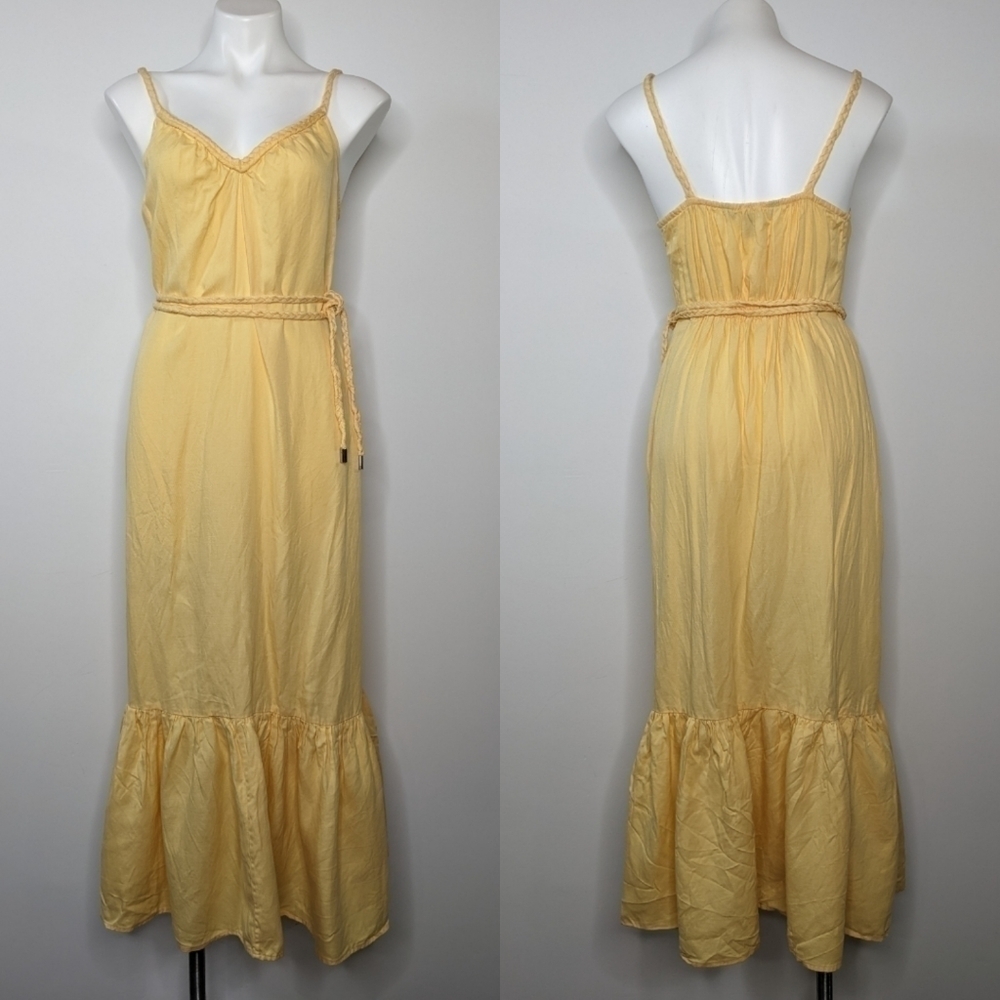 WHBM yellow spaghetti strap v neck braided belt sun dress S